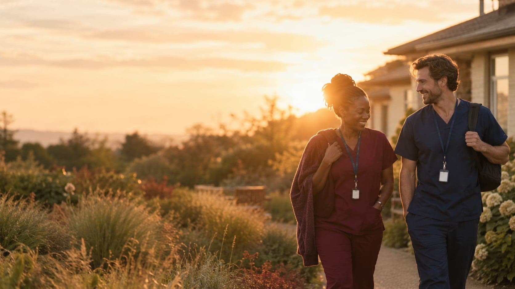 Two care workers in scrubs walking out together at golden hour after a shift, laughing.