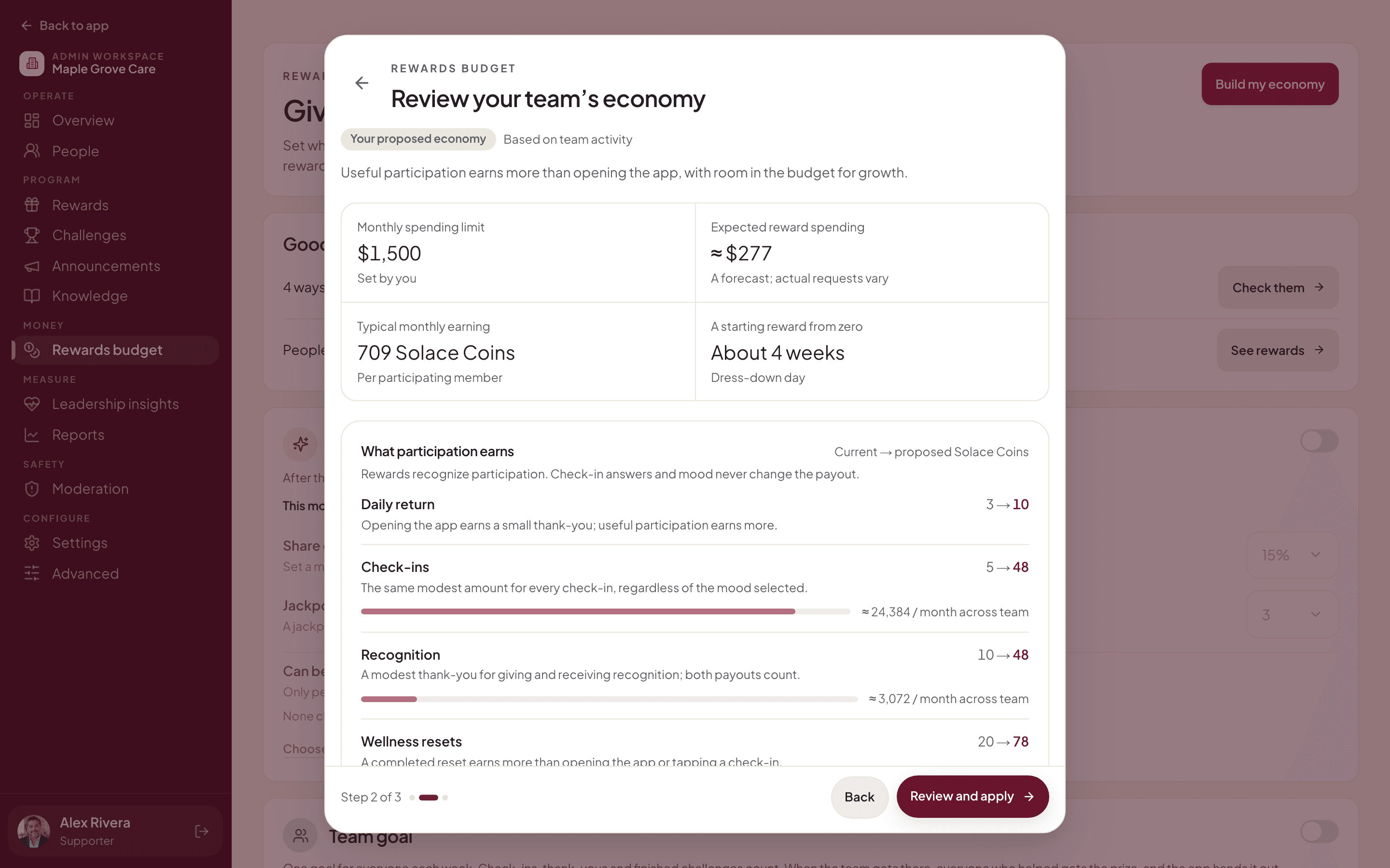 The Rewards budget setup: a monthly spending limit set by the admin, the expected reward spending, and what each kind of participation earns in Solace Coins.