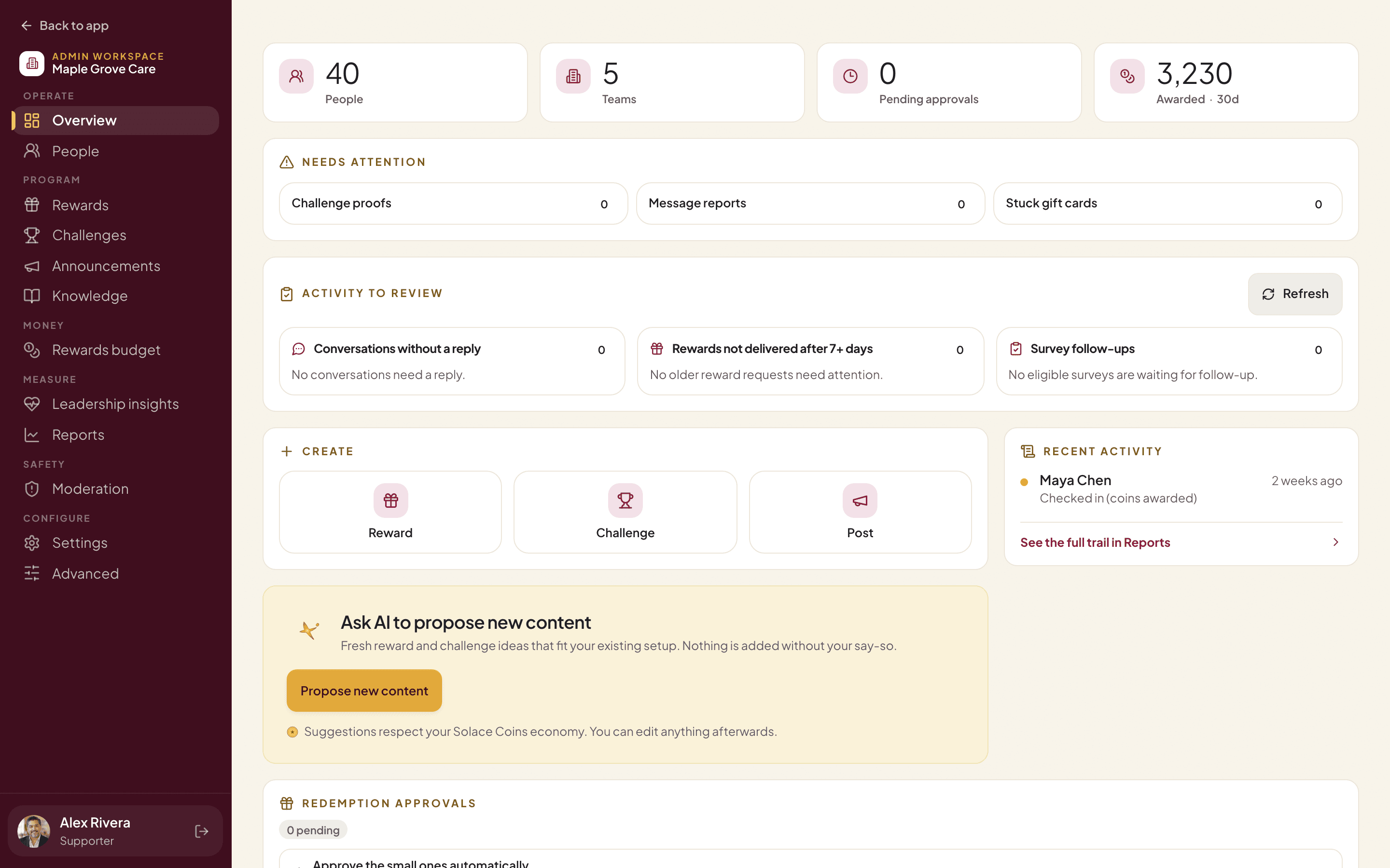 The admin Overview: people, teams, pending approvals and coins awarded, a “Needs attention” row, activity to review, and shortcuts to create a reward, challenge or post.