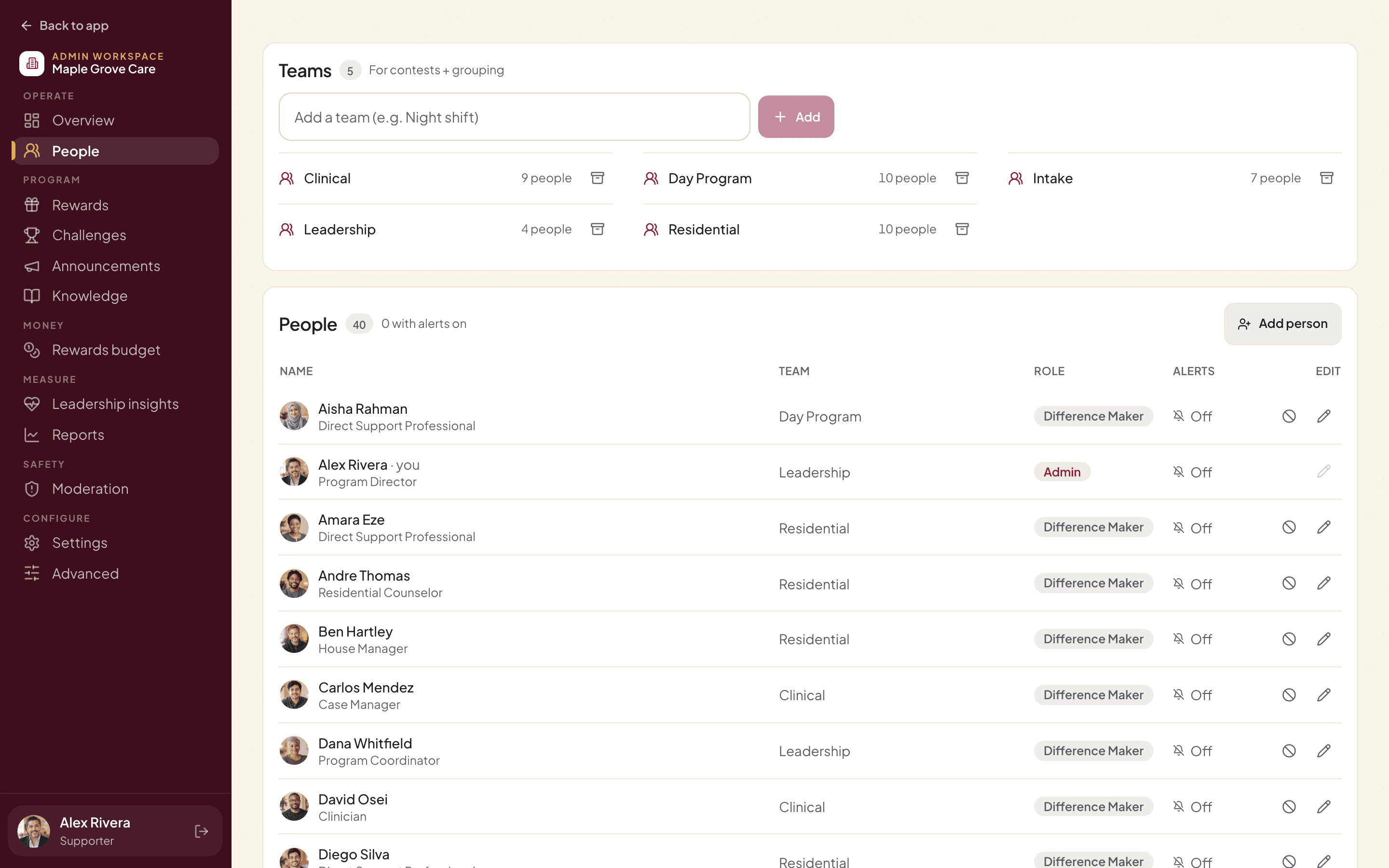 The People page for an administrator: teams with head counts, and a staff list with each person’s team and role.
