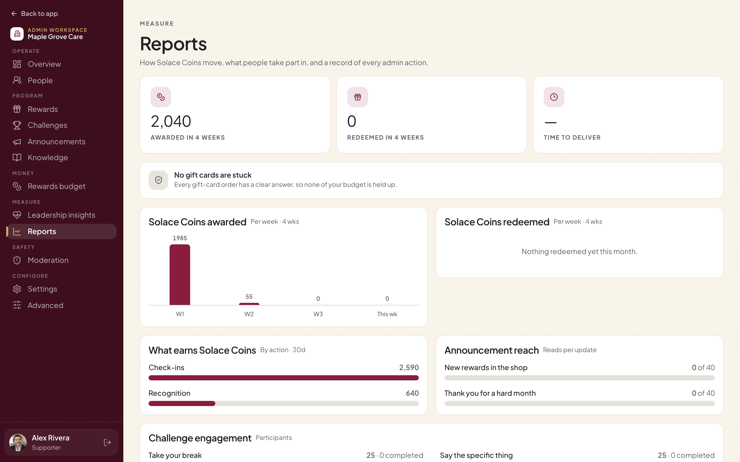 Reports for an administrator: Solace Coins awarded and redeemed per week, what earns coins, announcement reach and challenge engagement.