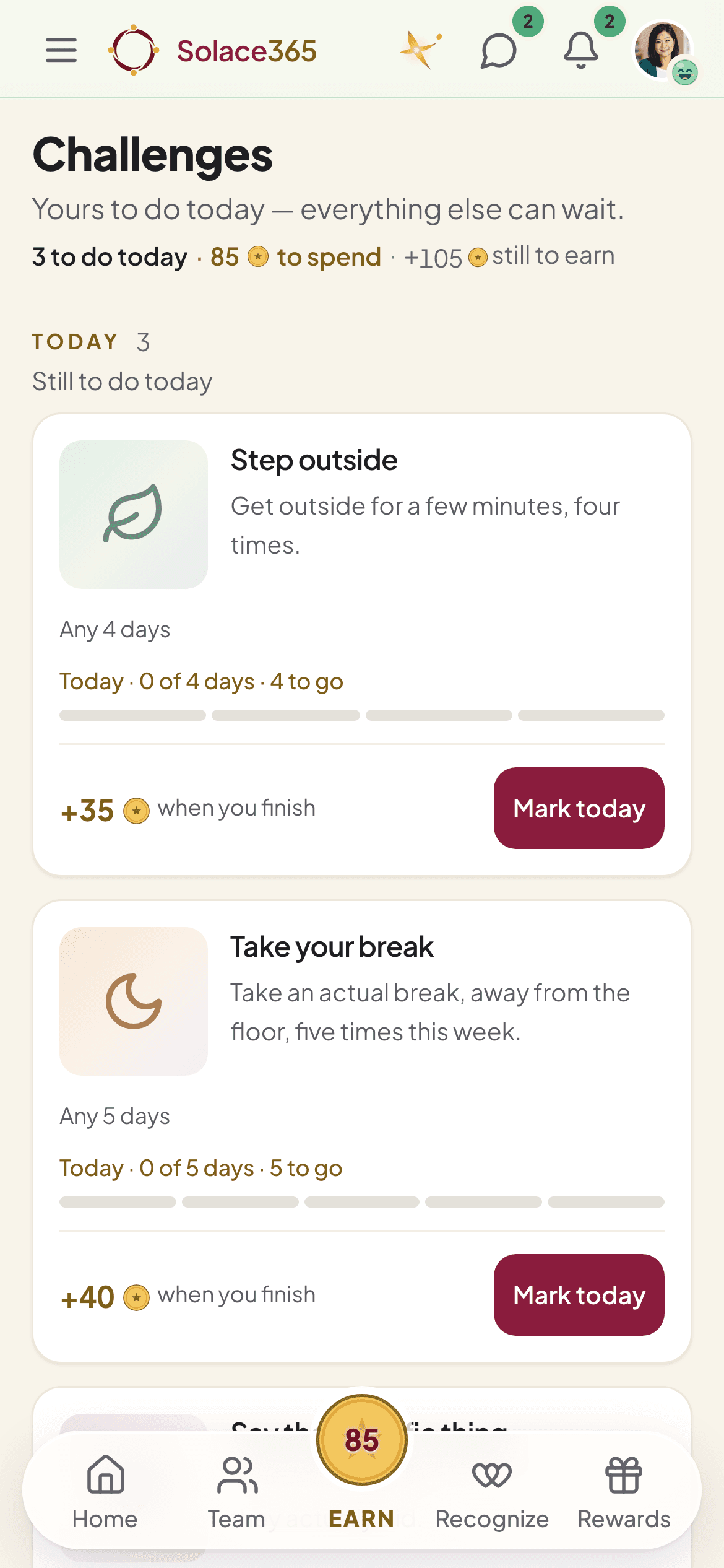 Challenges on a phone: three to do today, such as “Step outside” and “Take your break”, each with a progress track, the coins it pays when finished, and a Mark today button.