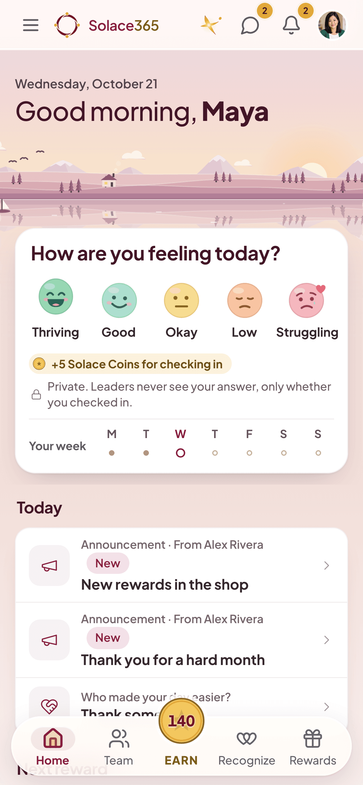 Solace365 Home on a phone: “Good morning, Maya”, then a check-in card asking “How are you feeling today?” with five faces from Thriving to Struggling, a “+5 Solace Coins for checking in” note, and a line saying leaders never see your answer.