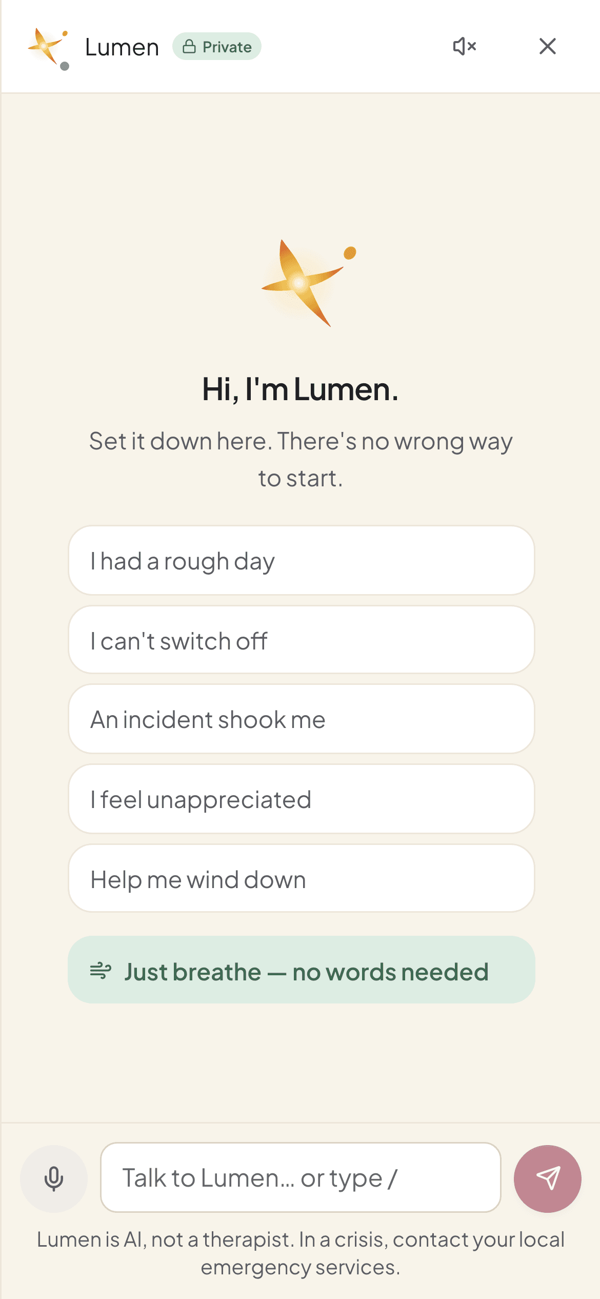 Lumen, the AI companion, on a phone: “Hi, I’m Lumen”, starter prompts such as “I had a rough day” and “Help me wind down”, a “Just breathe” option, and a note that Lumen is AI, not a therapist.
