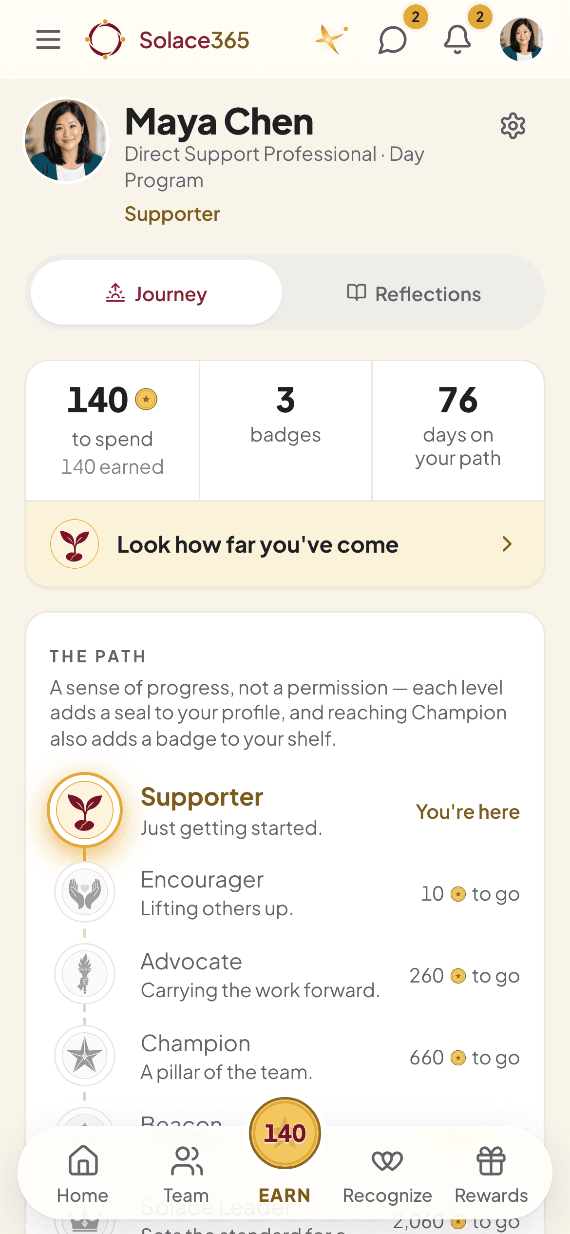 My progress on a phone: coins to spend, badges earned and days on your path, then a level path from Supporter to Encourager, Advocate and Champion.