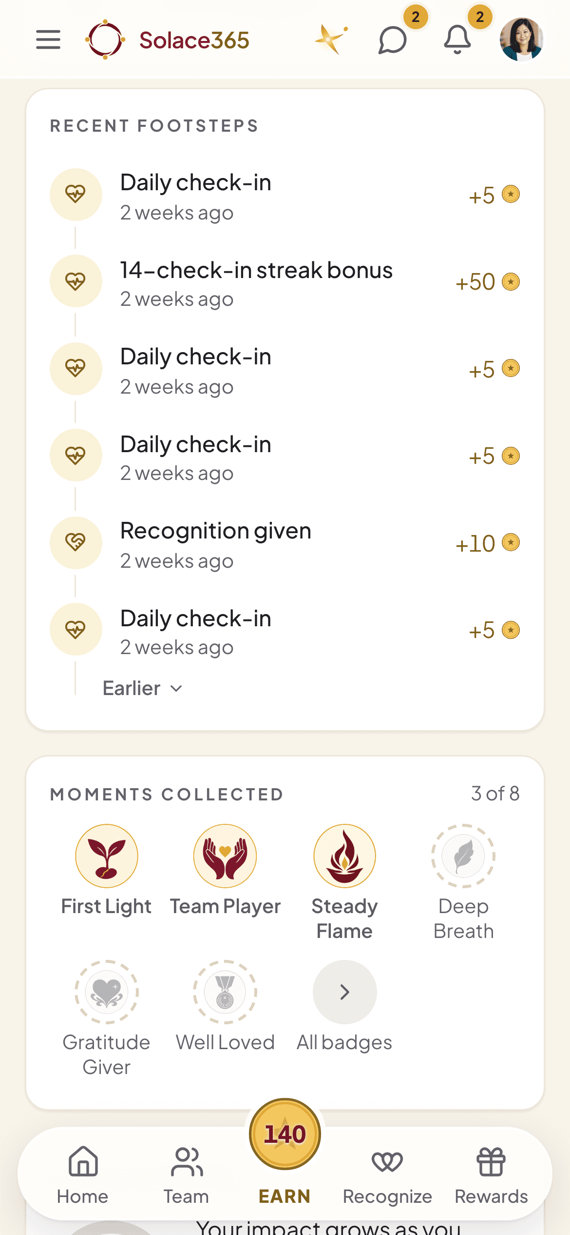 Recent footsteps on a phone: daily check-ins worth 5 coins each, a 14-check-in streak bonus, recognition given, and badges collected such as First Light, Team Player and Steady Flame.