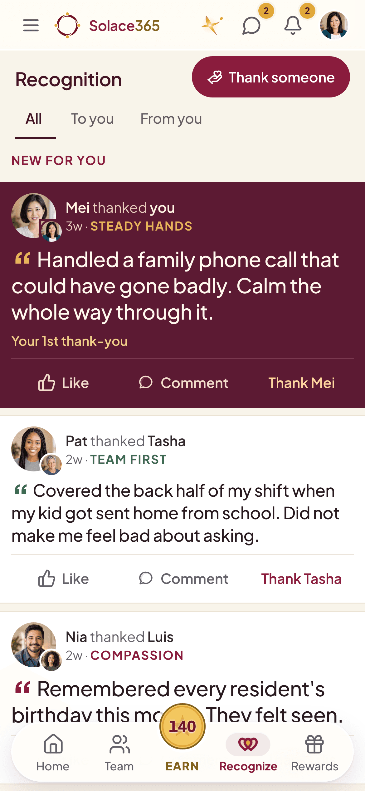 The Recognition wall on a phone: a card reading “Mei thanked you” tagged Steady Hands, then coworkers thanking each other, each card with Like, Comment and Thank buttons.