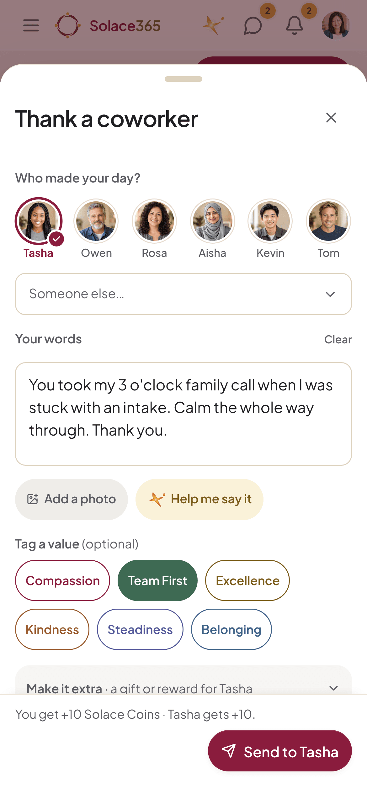 The “Thank a coworker” screen: a coworker picked from a row of faces, a short thank-you message typed, the value Team First tagged, and a note that both people get Solace Coins.